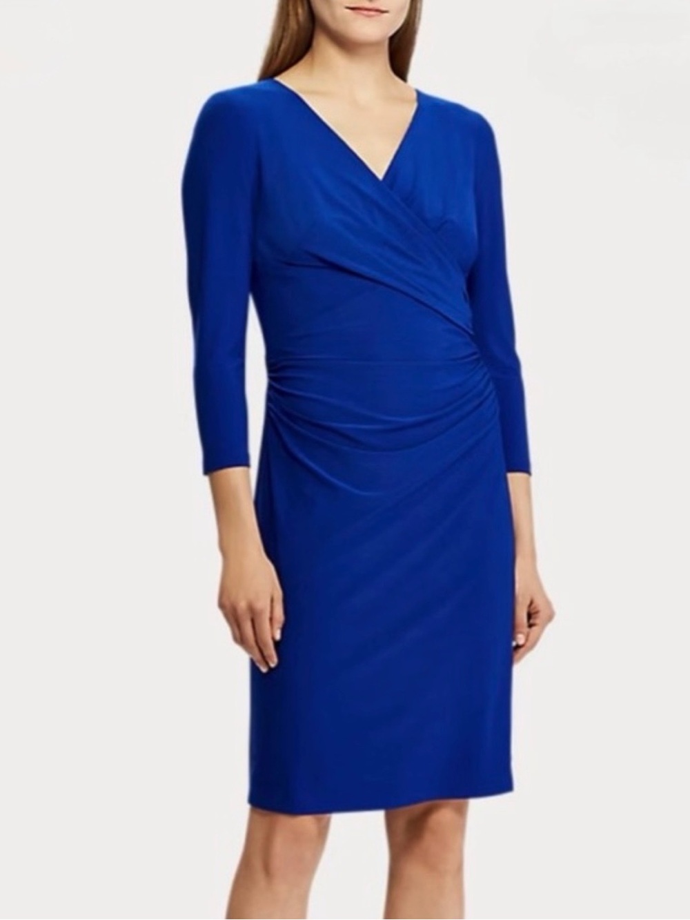 Ralph Lauren Blue Wrap Dress Petite 14P Ruched Knee Length Career Cocktail